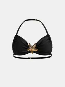 SHEIN 少女印花针织比基尼套装，饰有海星图案，适合海滩度假，美人鱼造型，夏季假期必备 - 黑色 - 查看 6