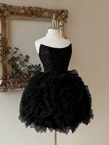 Lovelzi Elegant Burgundy Sequin Embroidery Mesh Puff A-Line Ballgown - Black - View 3