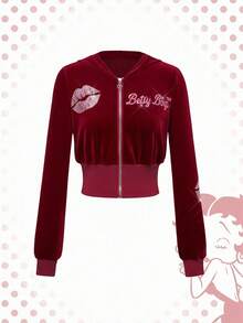 Betty Boop | ROMWE Y2K 天鹅绒卫衣和裤子字母图案水钻装饰 2 件套女款 - 酒紅色 - 查看 3