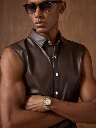 Manfinity BRENVOR Men's Solid Color Sleeveless Fashion Front Button Casual Shirt, Summer