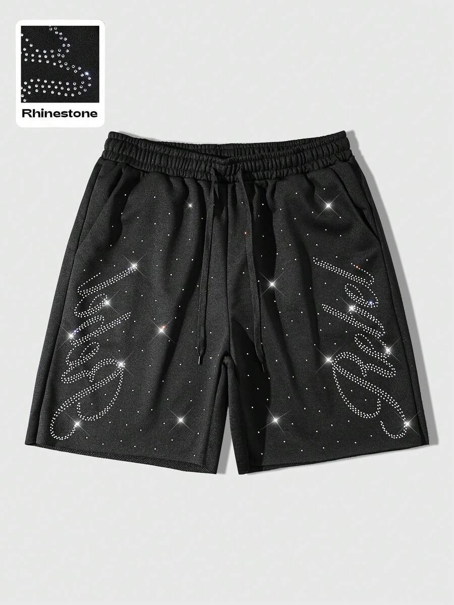 ROMWE MEN Street Life Quần short cạp rút họa tiết chữ đính đá thường ngày cho nam - màu đen - Xem 1