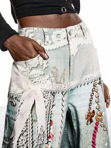 LYSMO 2026 New Arrive Minimalism Spring/Summer Women's Chain Fun Patterns Pocket Wide Leg Loose Casual Jeans/ Summer Clothes / Spring Break Outfits / Valentine Outfits For Women /Valentine's Day / Valentine Clothes /Holiday Outfits For Women / Graphic Jeans /Birthday Outfits For Women / Y2k Jeans /Y2k Clothes / Y2k Women/2000s Style - Blue - View 4