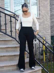 Melissa Matos Ensemble pantalon maxi évasé et pull avec taille serrée noire pour jeunes femmes, convient pour le travail, la maison et les sorties - Noir - Voir 3
