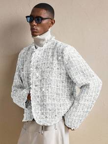 AKNOTIC Business Casual Áo khoác nam tay dài kẻ caro, cài khuy đơn giản, thu/đông - trắng - Xem 5