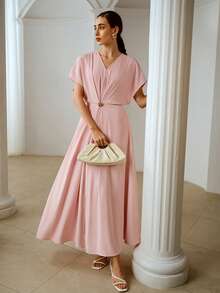 ZEYLAH 优雅长袖连衣裙，饰有装饰纽扣，浪漫春夏款，情人节必备 - 藕粉色 - 查看 7