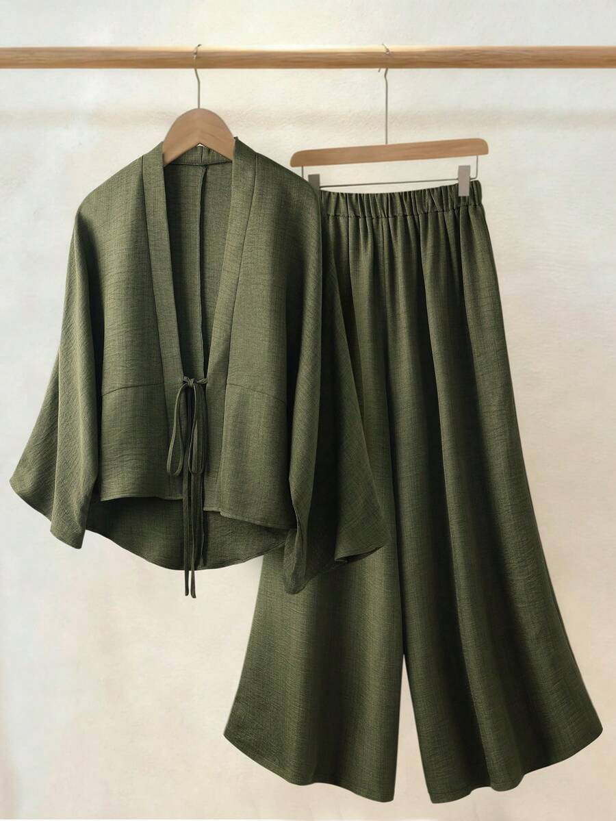 GlowEve 两件套女士休闲落肩系带上衣和阔腿裤套装 - 軍綠色 - 查看 1