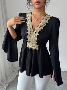 Rafferiza 女士金色蕾丝边V领弹力腰喇叭袖衬衫，穆斯林风格衬衫，黑色衬衫，办公室通勤优雅衬衫，时尚女士衬衫，工作服，通勤优雅，办公室服装，时尚 - 黑色 - 查看 5