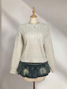 Elamini Women's Solid Color Hollow Round Neck Casual Versatile Long Sleeve Pullover Sweater - Apricot - View 4