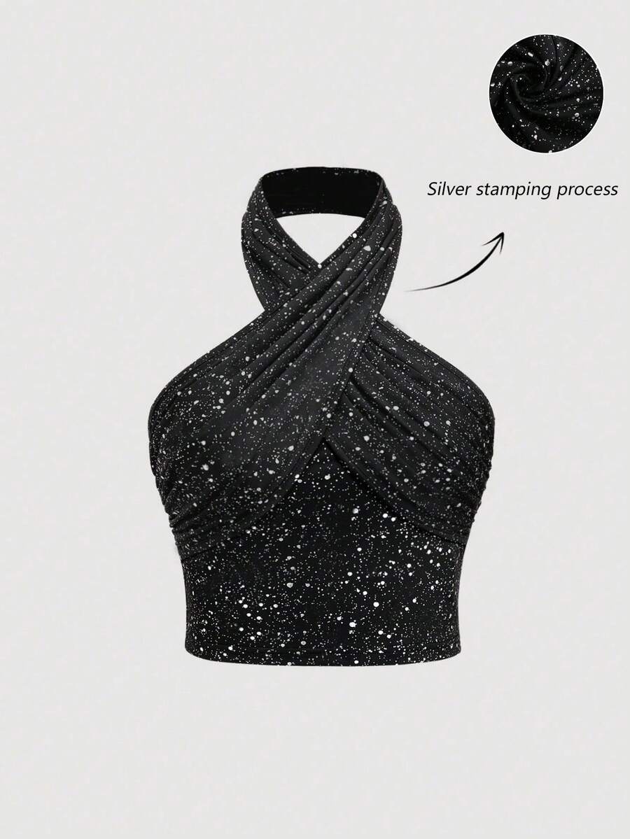 Sweetra Women's Criss-Cross Spaghetti Strap Sparkly Backless Tank Top, Spring/Summer - Black - View 1