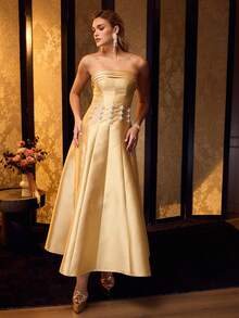 MOTF Soiréza FORM-FITTING STRAPLESS MAXI PARTY GOWN, STIFF LUSTROUS FABRIC, CHEST RUCHING & WAIST FAUX PEARL EMBELLISHMENT BACK LACE-UP DESIGN DRESS, IDEAL FOR WEDDINGS, GALAS & FORMAL EVENINGS, STYLE WITH STRAPPY HEELS & DAINTY JEWELRY - Yellow - View 6