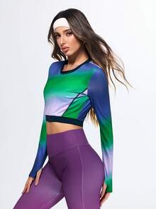SHEIN Women's Green Autumn Athleisure Gym Gradient Long Sleeve Crop Top,Colorful Ombre Stretch Athletic Yoga Shirt,Slim Fit Workout Tee,Activewear Running - Multicolor - View 4