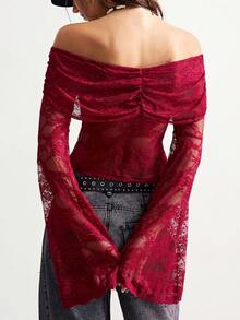 Bohemela 波西米亚风优雅休闲纯色针织蕾丝露肩喇叭长袖短款女式上衣 - 酒紅色 - 查看 7