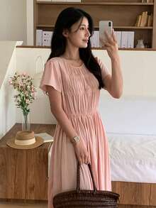 Women's Solid Color Round Neck Raglan Short Sleeve Midi Dress - Pink - View 7
