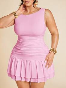 SHEIN BAE 大码曲线女士无袖纯色白色紧身褶皱迷你双层褶皱连衣裙，适合夏季、秋冬季节，鼠尾草绿连衣裙 - 淺粉色 - 查看 5