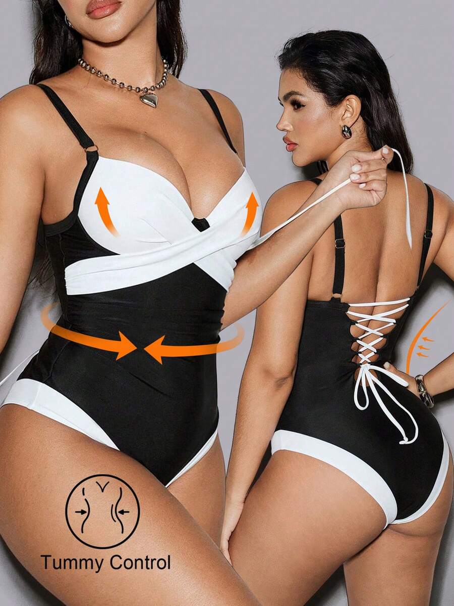 Shapewave 女士夏季沙滩度假纯色黑白拼接连体泳衣，带模压罩杯、不可拆卸衬垫胸罩、钢圈、收腹设计、高开衩腿部剪裁，显瘦效果 - 黑與白 - 查看 1