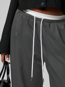 MUSERA 加大码直筒撞色系带腰带休闲裤 - 深灰色 - 查看 5