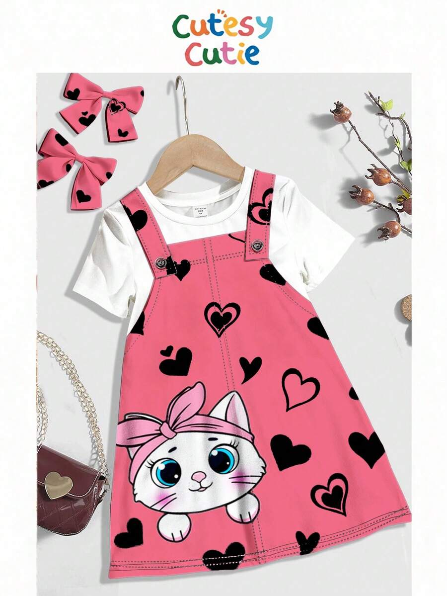 SHEIN 可爱粉色爱心和小猫印花,女婴休闲宽松卡通图案圆领短袖连衣裙,适合夏季穿着 - 彩色 - 查看 1