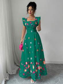 Elenzga Đầm suông cổ vuông tay lửng in họa tiết nhiều màu sắc thời trang đi nghỉ thường ngày cho nữ - màu xanh lá - Xem 6