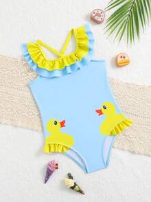 SHEIN 新款时尚女童豹纹全包覆连体泳衣，适合度假、海滩、夏季、春假 - 彩色 - 查看 1