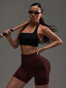 SHEIN Dewbera Women's Solid Color Elastic Seamless Ribbed Sports Shorts, Summer Tummy Control Gym Shorts Spandex Shorts Tummy Control - Coffee Brown - View 7