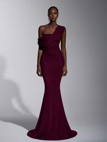 Elitara 2025新款优雅安哥拉红网纱单肩褶皱装饰修身美人鱼长裙，适合婚礼、正式场合、伴娘礼服