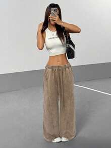 Flirla Quần dài thể thao ống đứng dáng rộng phong cách cổ điển dành cho nữ dạo phố, đa năng cho mùa thu - Cà phê nâu - Xem 6