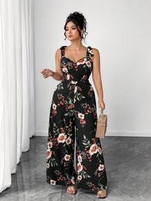 Elenzga Bộ đồ liền thân ống rộng buộc dây phía trước cho ngày lễ lãng mạn cỡ lớn - màu đen - Xem 7