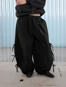 COUREZ Low Rise Baggy Balloon Trousers With Ties Details /Y2K Going Out Outfits Fall Women Clothes Fall Clothes Winter Clothes Wide Leg Pants - Black - View 5