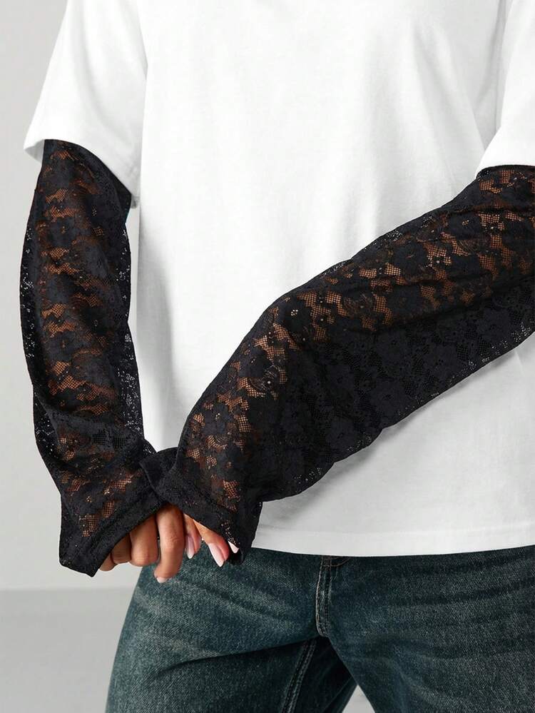 MISSGUIDED Tee-shirt à manches en dentelle surdimensionnées, top superposé à manches longues, décontracté avec détails contrastés, coupe ample, col rond, pull superposable pour l'automne et l'hiver