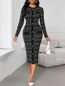 SHEIN Lady 加大码圆领插肩袖修身优雅前扣连衣裙 - 紅色 - 查看 2