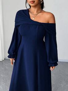 Elenzga Váy maxi xẻ tà cao dáng chữ A dài tay, cổ lệch, lãng mạn, thanh lịch dành cho tiệc/đám cưới cỡ lớn dành cho nữ, mùa xuân/thu/đông - Màu xanh hải quân - Xem 6