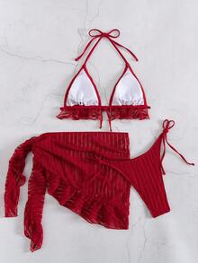 Swim Mod Women's Sexy Lace Backless Halter Bikini Set With Cover Up Skirt 3-Piece Bikini Set Set, Beach Holiday Style Red Two Piece Sexy Skirt Set Red High Waisted Bikini Red Sexy Outfit Red Skirt Set - Red - View 6