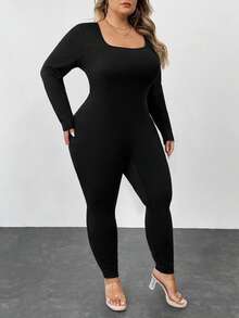 SHEIN CURVE+ Plus Size Women's Square Neck Bodysuit, Basic Casual Jumpsuit