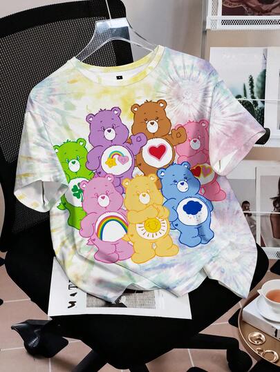 SHEIN X Care Bears Tie-Dye Casual Cartoon Cheer Bears Bedtime Bear, Good Luck Bear, Love-A-Lot Bear, Funshine Bear, Tenderheart Bear Letter Print Crew Neck Short Sleeve T-Shirt For Women