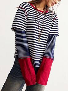 Bohemela Boho Christmas Party New Year Casual Striped Patchwork Round Neck Long Sleeve Loose Women T-Shirt, Winter - Multicolor - View 6