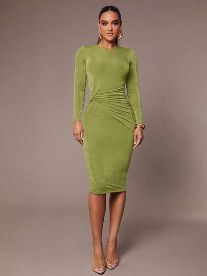 Silquee Women's WOMEN Elegant Party Stretch Fabric Double-Layer Fabric High-Quality Khaki Twist Design Autumn And Winter Long-Sleeved Round Neck Dress, Suitable For Daily Commuting, Can Be Worn Inside Or Outside,Thanksgiving,Christmas,New Year Eve Outfit