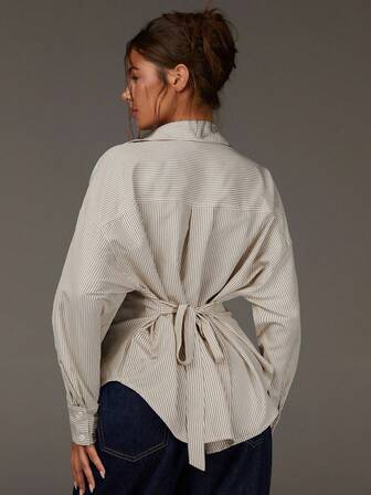 Athîral Women's Casual Everyday/Workwear Striped Print Loose Fit Dolman Sleeve Tie Back Blouse, Spring/Autumn, Tie Up Shirt