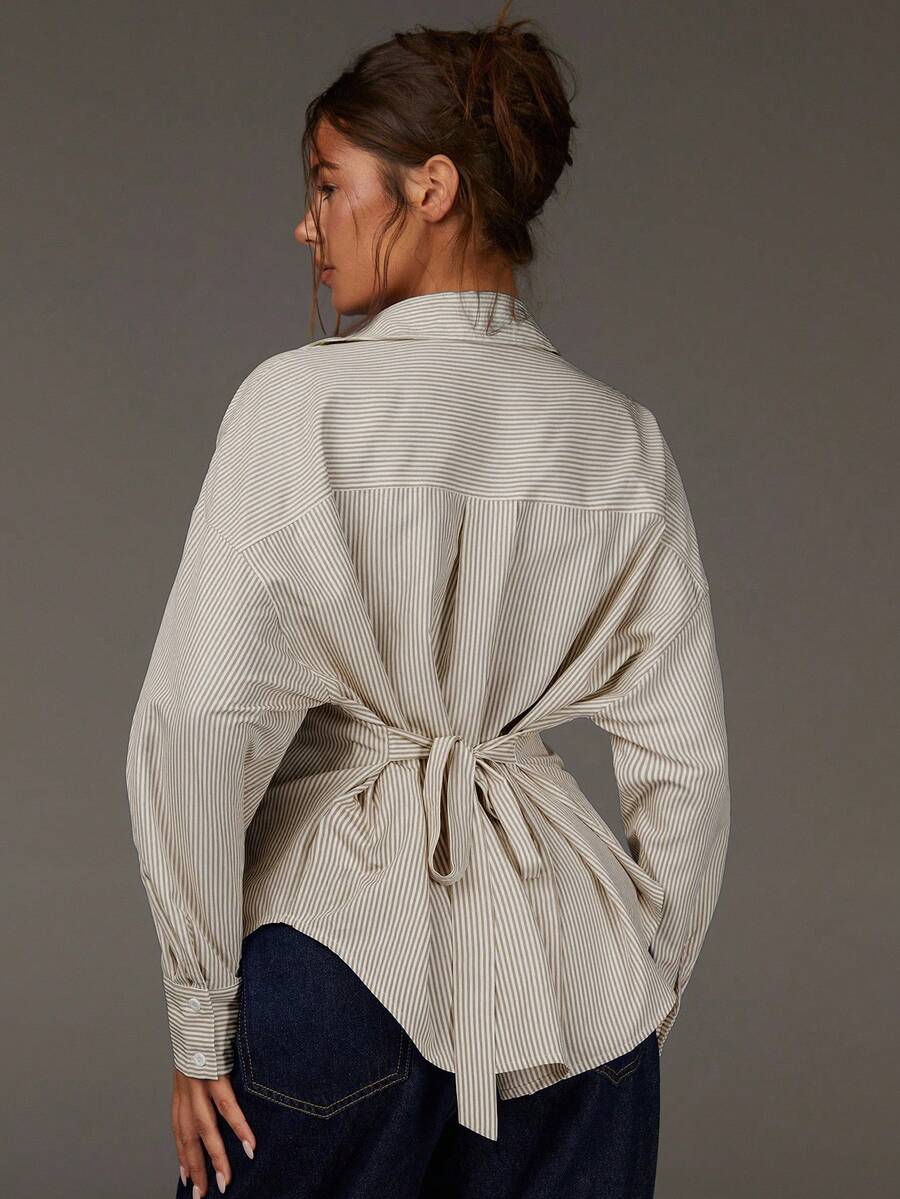 Athîral Women's Casual Everyday/Workwear Striped Print Loose Fit Dolman Sleeve Tie Back Blouse, Spring/Autumn, Tie Up Shirt - Brown - View 1