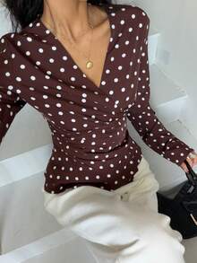 Siren Gaze 新款褶裥腰身波点长袖衬衫，棕色复古风时尚办公衬衫，优雅职场必备单品，女士 - 咖啡棕 - 查看 5