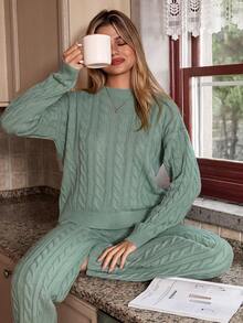EURMUSE Monochromatic Drop Shoulder Cable Knit Sweater And Knitted Pants Two-piece Set - Mint Green - View 1