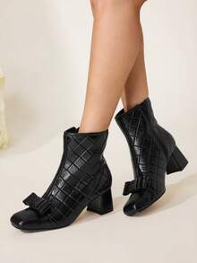 CUCCOO CHICEST Women's Bow Decor Side Zipper Design Fashion Chunky Heel Mid-Calf Boots For Christmas - Black - View 4