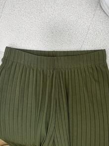 Franclia Women's Collared Ribbed Long Sleeve Top And Wide Leg Pants Casual Commuter Outfit - Army Green - View 3