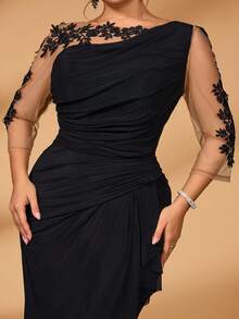 Serin Plus Size Elegant Luxurious Embroidered Lace Sheer Long Sleeve Elastic Knit Mesh Ruched Ruffle Mermaid Dress, Suitable For Weddings, Parties, Vacations, Galas, Mother Of The Bride Gown