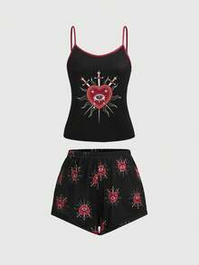 ROMWE Goth Conjunto de pijama informal de camiseta y pantalones cortos con estampado de ojo, corazón, estrella y gema y ribete de contraste en estilo gótico - Negro - Ver 9