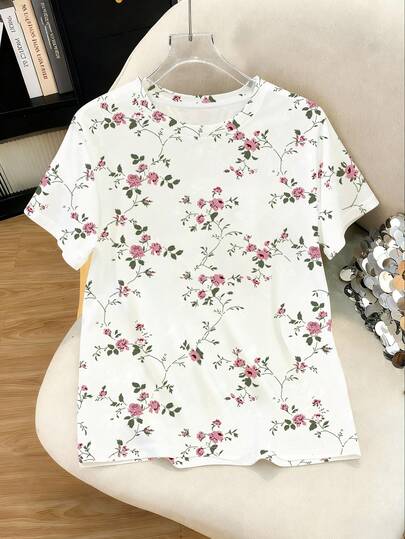 Resyla 女士休闲碎花圆领短袖T恤，女士上衣