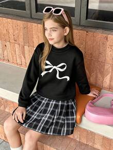 2pcs/Set Girls Casual Crew Neck Long Sleeve Bow Sweatshirt And Plaid Pleated Skirt Outfit, Suitable For Autumn/Winter Outdoor - Black - View 7