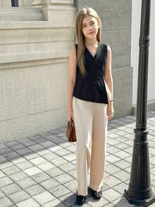 2pcs Girls Elegant Sleeveless Jumpsuit With Slit Hem, Suitable For Autumn/Winter Outdoor - Multicolor - View 5