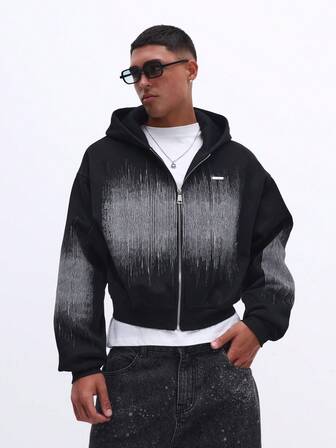 SUMWON Men's Oversized Full Zip Hoodie Black Linear Gradient Print Streetwear Urban Casual Winter Jacket