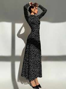 Aloruh Women's Leopard Print Stand Collar Fitted Elegant Long Sleeve Dress - Dark Grey - View 6