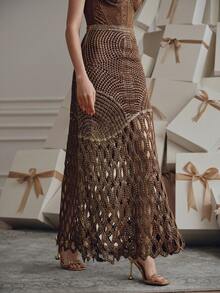Anewsta 夏季、海滩、节日、假日优雅绳结钩针镂空刺绣金属金色点缀 A 字裙 - 棕色 - 查看 5